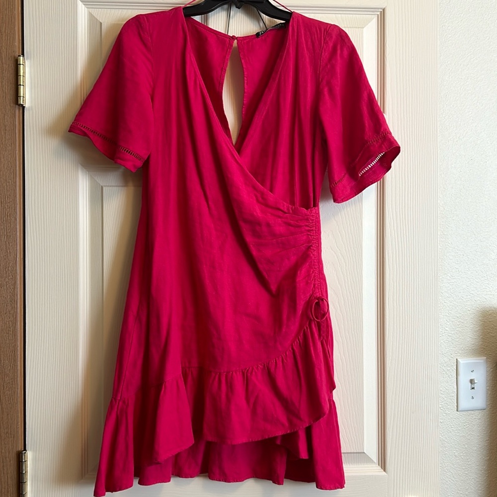 ZARA Linen Hot Pink Wrap Mini Dress Ruched Side Ruffle Hem Skirt Size M